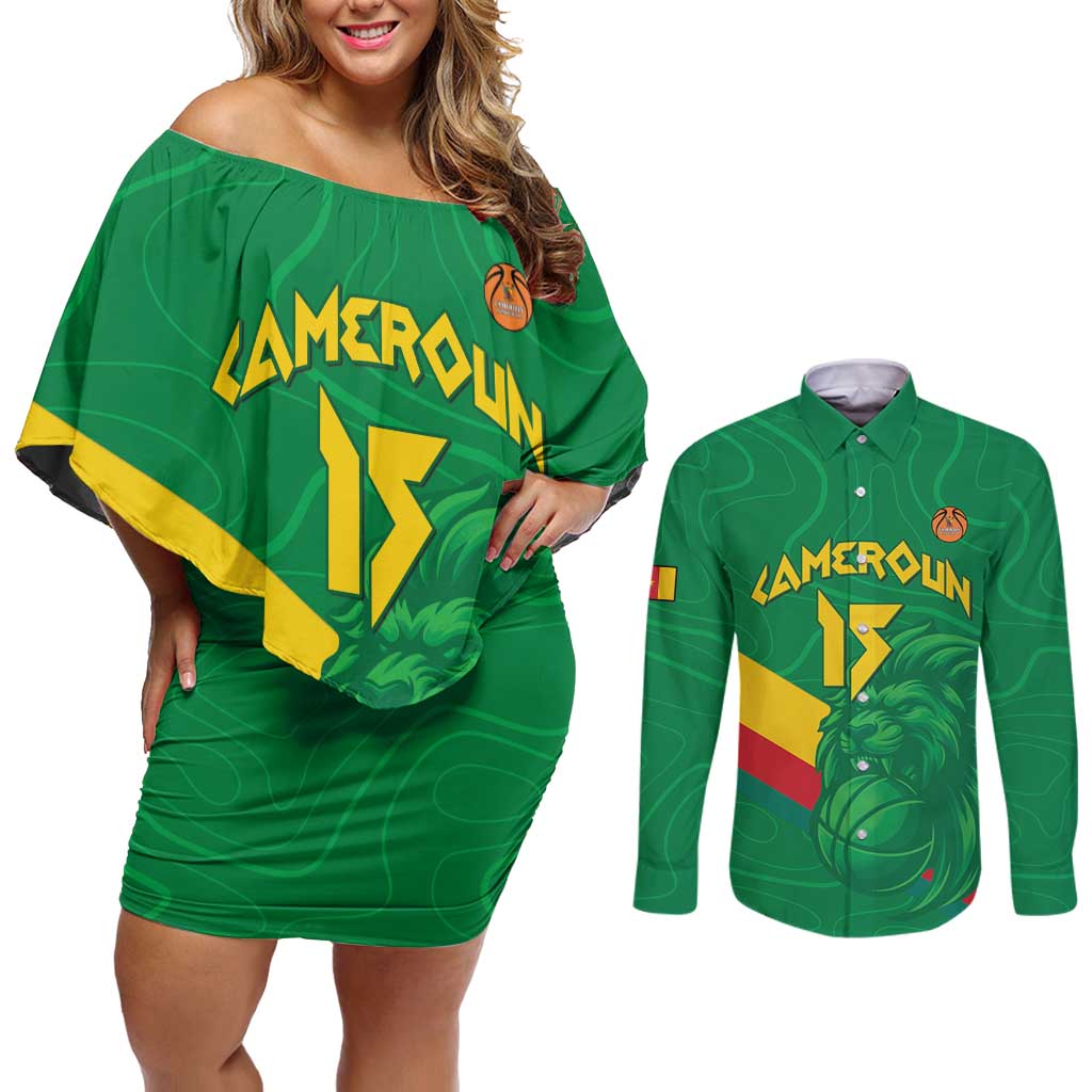 Custom Cameroon Basketball Couples Matching Off Shoulder Short Dress and Long Sleeve Button Shirt Go Champions Indomitable Lions - Wonder Print Shop