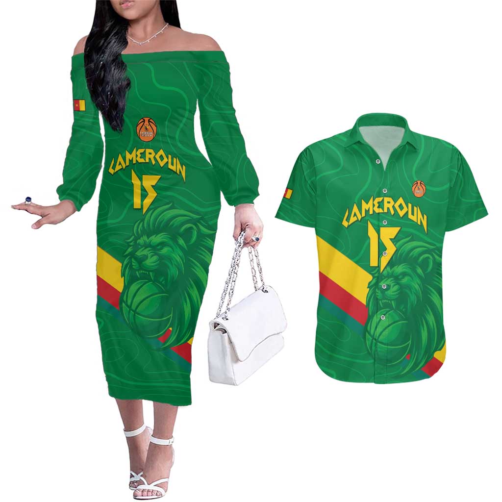 Custom Cameroon Basketball Couples Matching Off The Shoulder Long Sleeve Dress and Hawaiian Shirt Go Champions Indomitable Lions - Wonder Print Shop