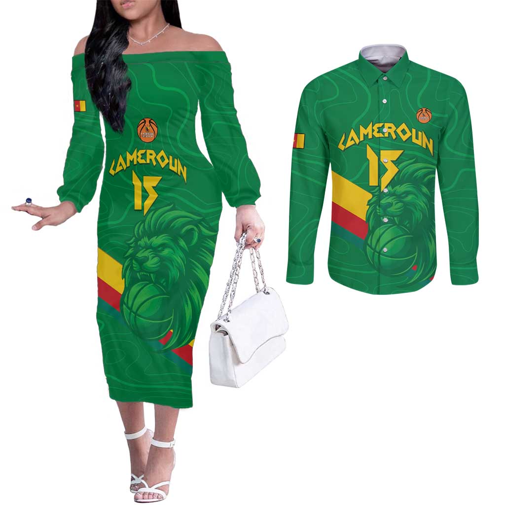 Custom Cameroon Basketball Couples Matching Off The Shoulder Long Sleeve Dress and Long Sleeve Button Shirt Go Champions Indomitable Lions - Wonder Print Shop
