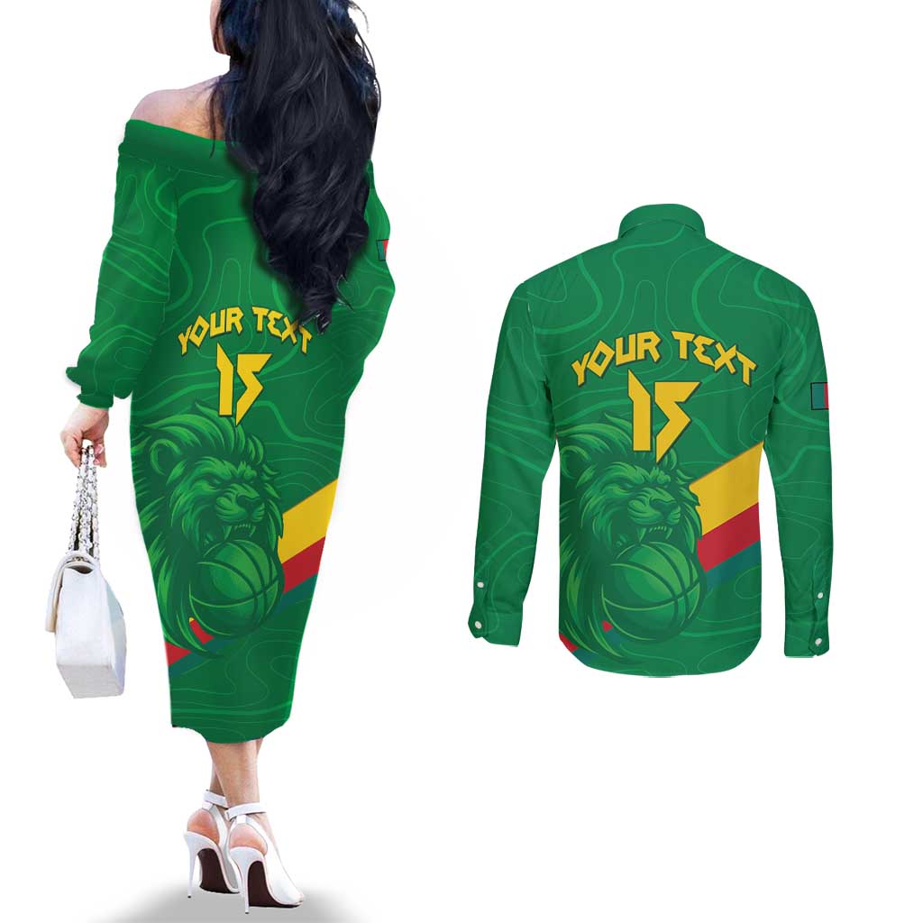 Custom Cameroon Basketball Couples Matching Off The Shoulder Long Sleeve Dress and Long Sleeve Button Shirt Go Champions Indomitable Lions - Wonder Print Shop