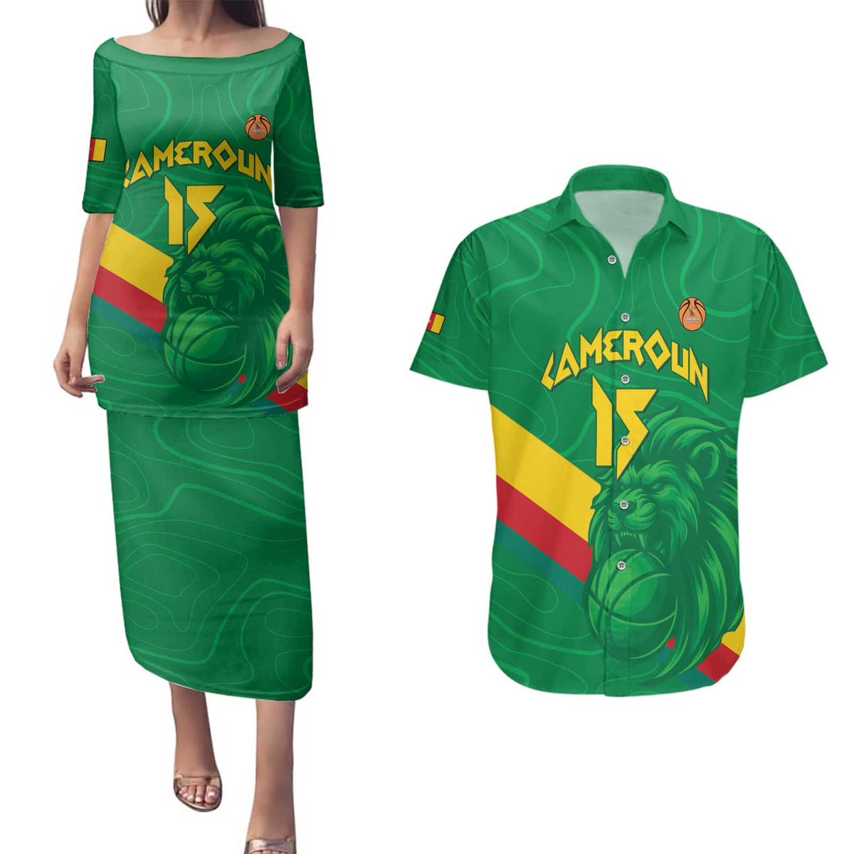 Custom Cameroon Basketball Couples Matching Puletasi and Hawaiian Shirt Go Champions Indomitable Lions - Wonder Print Shop