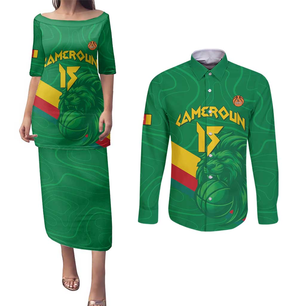 Custom Cameroon Basketball Couples Matching Puletasi and Long Sleeve Button Shirt Go Champions Indomitable Lions - Wonder Print Shop