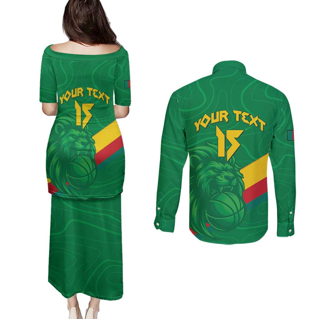 Custom Cameroon Basketball Couples Matching Puletasi and Long Sleeve Button Shirt Go Champions Indomitable Lions - Wonder Print Shop