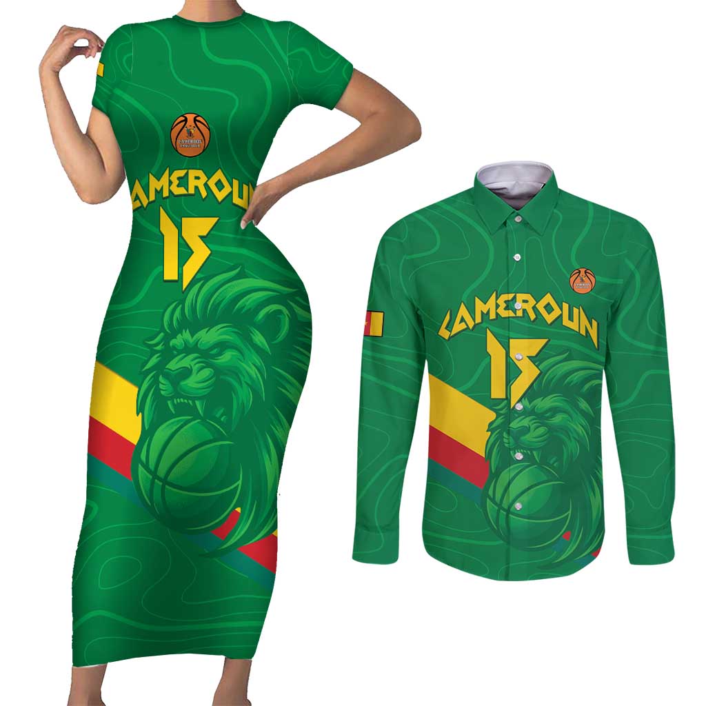 Custom Cameroon Basketball Couples Matching Short Sleeve Bodycon Dress and Long Sleeve Button Shirt Go Champions Indomitable Lions - Wonder Print Shop