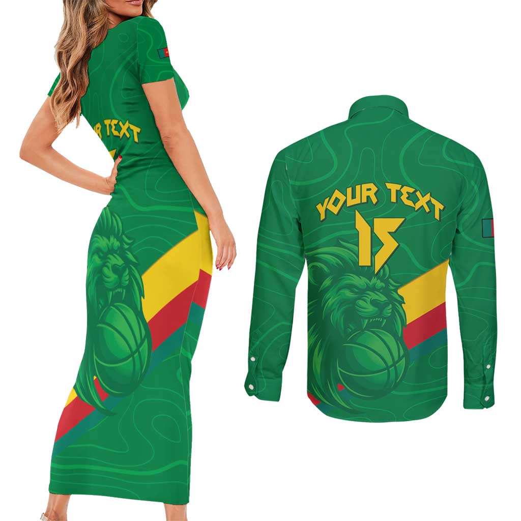 Custom Cameroon Basketball Couples Matching Short Sleeve Bodycon Dress and Long Sleeve Button Shirt Go Champions Indomitable Lions - Wonder Print Shop