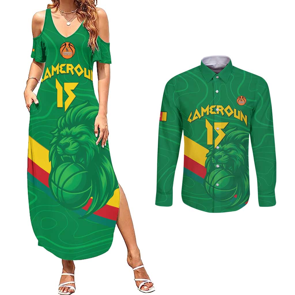 Custom Cameroon Basketball Couples Matching Summer Maxi Dress and Long Sleeve Button Shirt Go Champions Indomitable Lions - Wonder Print Shop