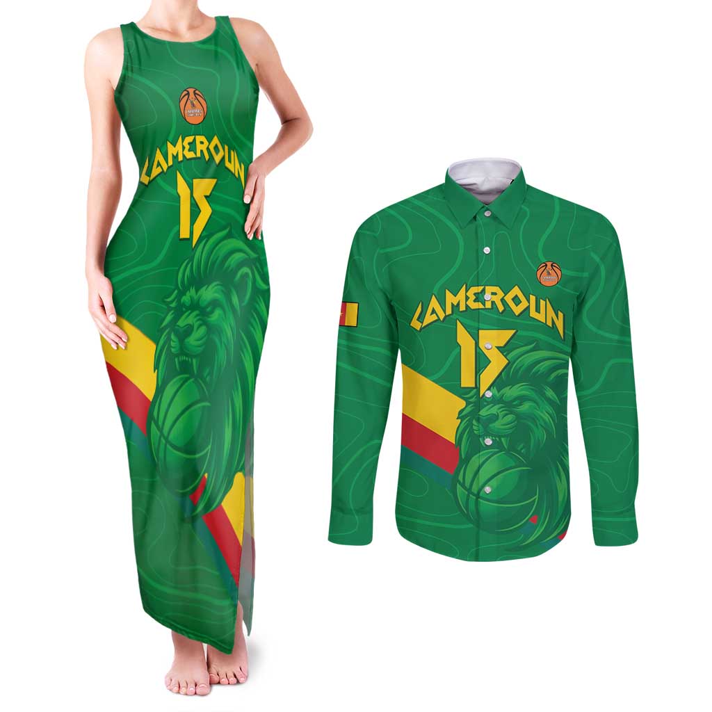 Custom Cameroon Basketball Couples Matching Tank Maxi Dress and Long Sleeve Button Shirt Go Champions Indomitable Lions - Wonder Print Shop