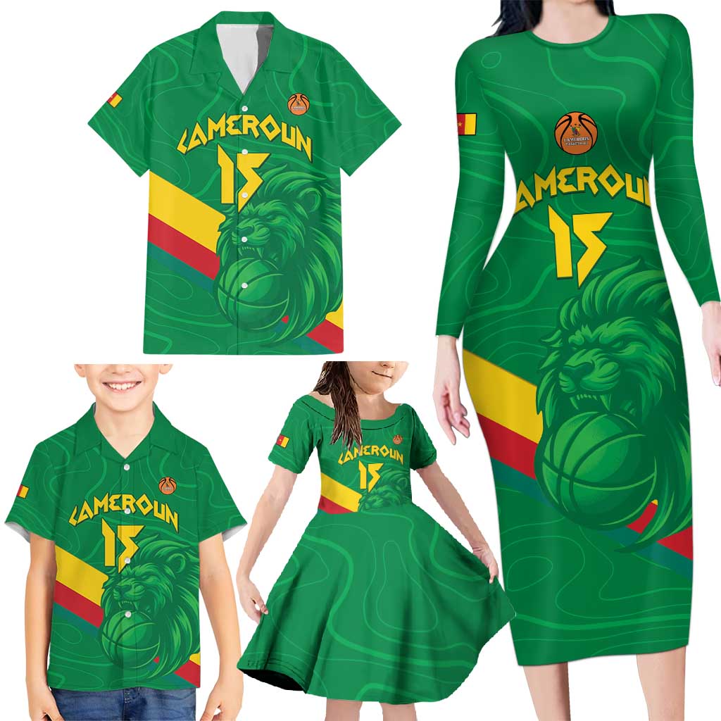 Custom Cameroon Basketball Family Matching Long Sleeve Bodycon Dress and Hawaiian Shirt Go Champions Indomitable Lions - Wonder Print Shop