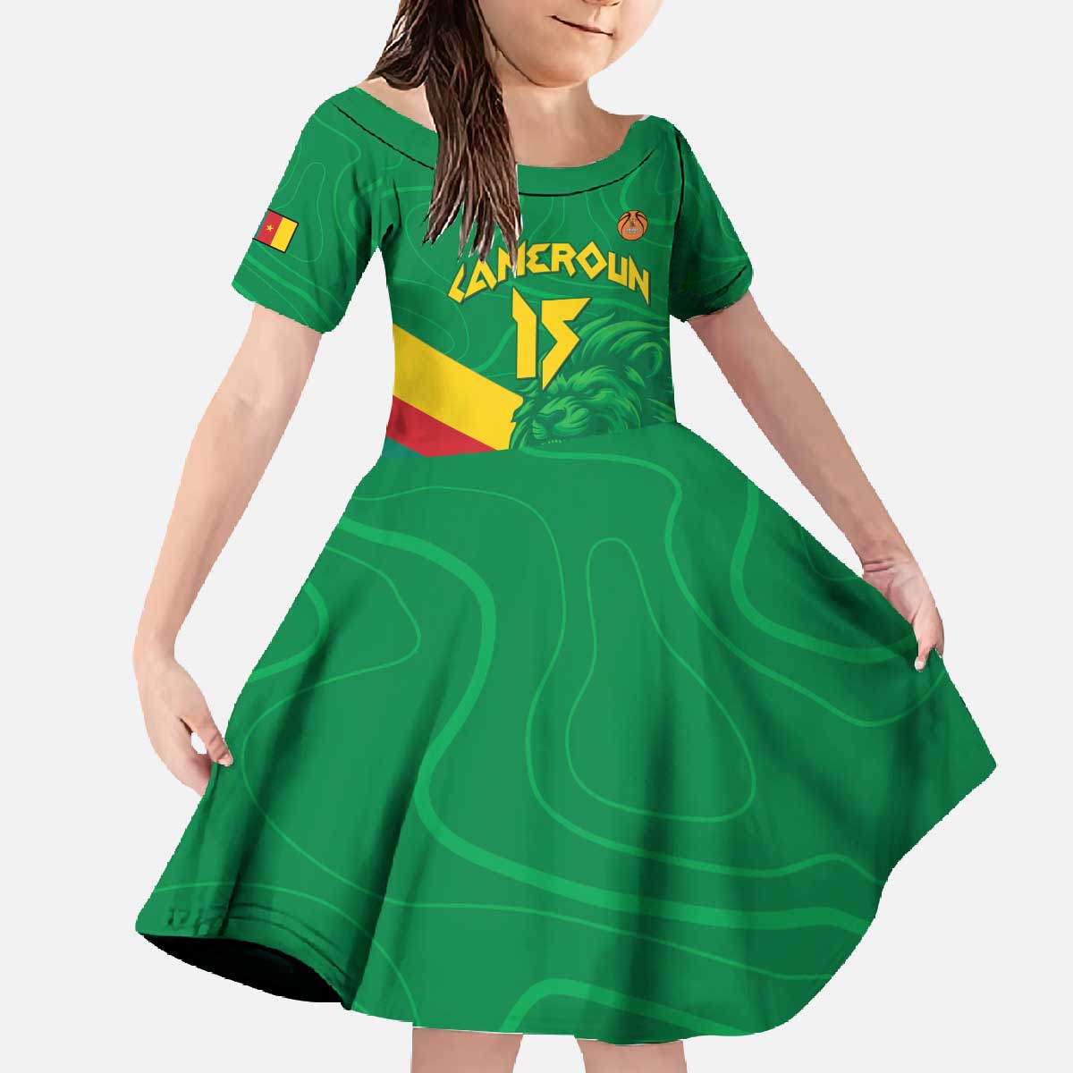 Custom Cameroon Basketball Family Matching Off The Shoulder Long Sleeve Dress and Hawaiian Shirt Go Champions Indomitable Lions - Wonder Print Shop