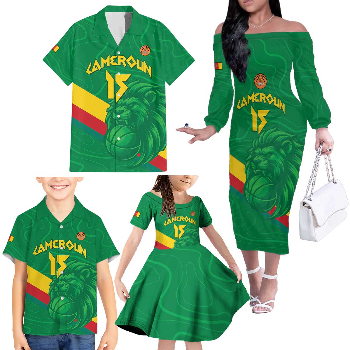 Custom Cameroon Basketball Family Matching Off The Shoulder Long Sleeve Dress and Hawaiian Shirt Go Champions Indomitable Lions - Wonder Print Shop