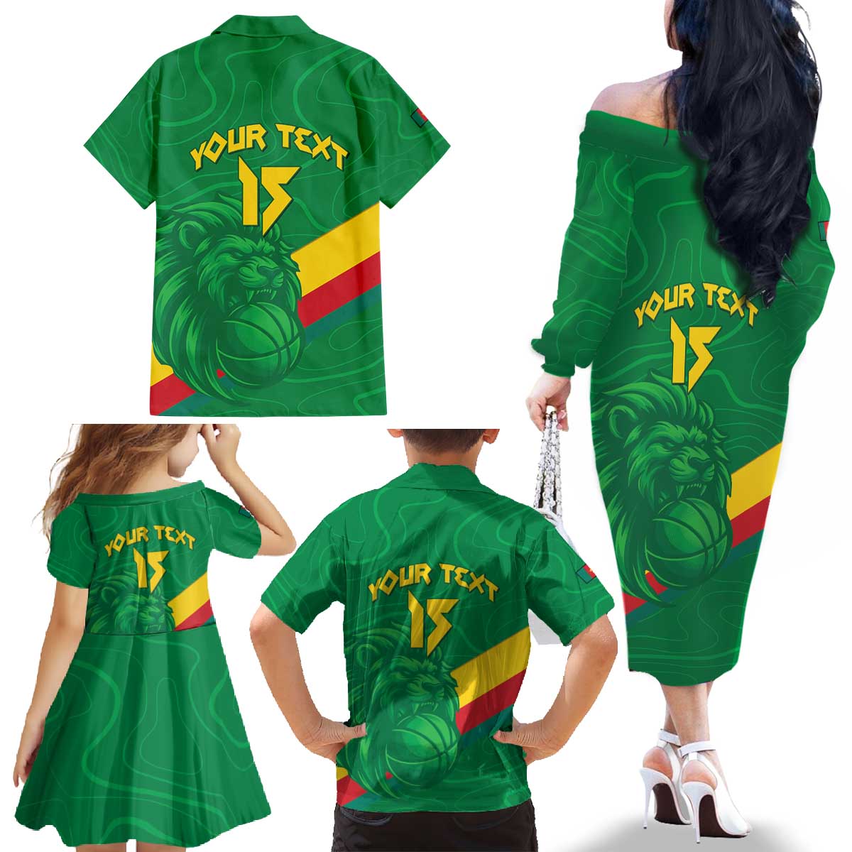 Custom Cameroon Basketball Family Matching Off The Shoulder Long Sleeve Dress and Hawaiian Shirt Go Champions Indomitable Lions - Wonder Print Shop