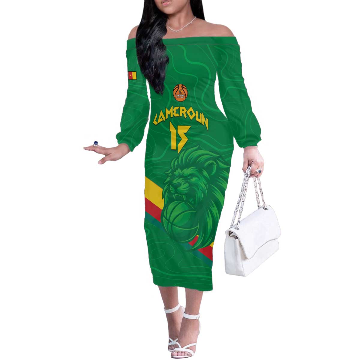 Custom Cameroon Basketball Family Matching Off The Shoulder Long Sleeve Dress and Hawaiian Shirt Go Champions Indomitable Lions - Wonder Print Shop