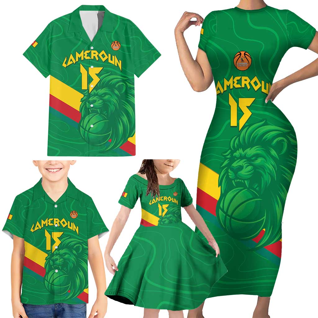 Custom Cameroon Basketball Family Matching Short Sleeve Bodycon Dress and Hawaiian Shirt Go Champions Indomitable Lions - Wonder Print Shop
