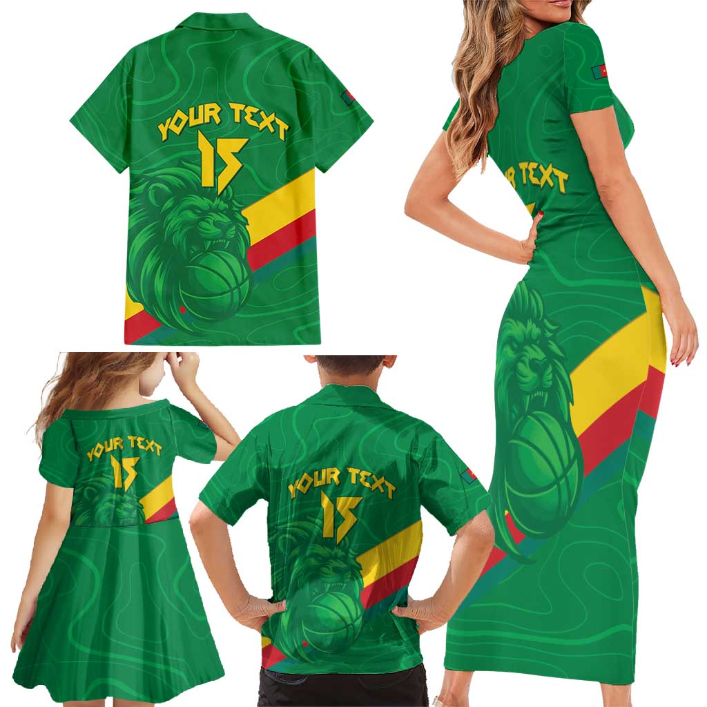 Custom Cameroon Basketball Family Matching Short Sleeve Bodycon Dress and Hawaiian Shirt Go Champions Indomitable Lions - Wonder Print Shop
