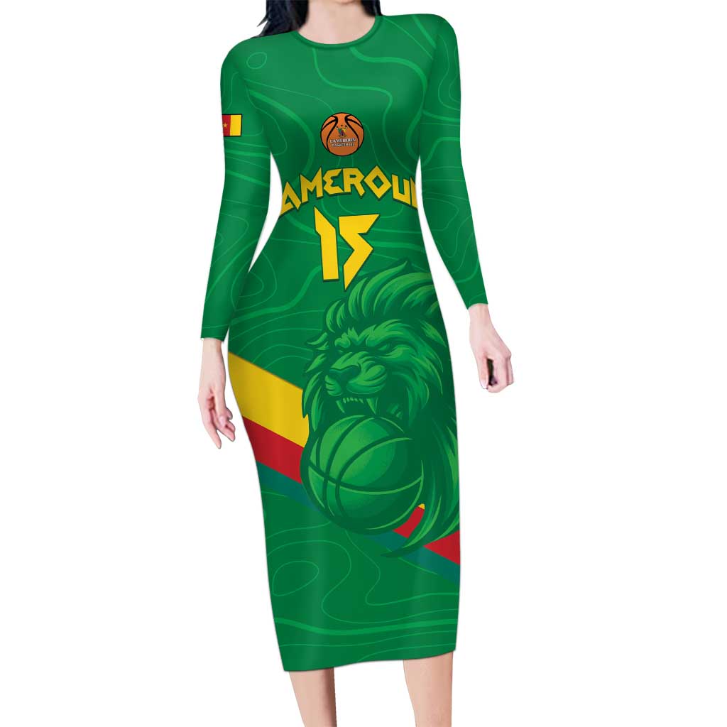 Custom Cameroon Basketball Long Sleeve Bodycon Dress Go Champions Indomitable Lions - Wonder Print Shop