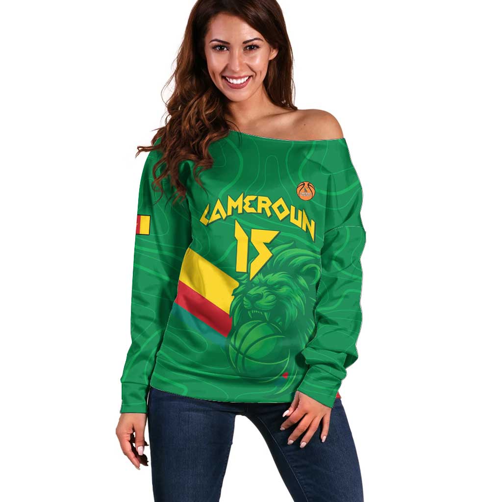 Custom Cameroon Basketball Off Shoulder Sweater Go Champions Indomitable Lions - Wonder Print Shop