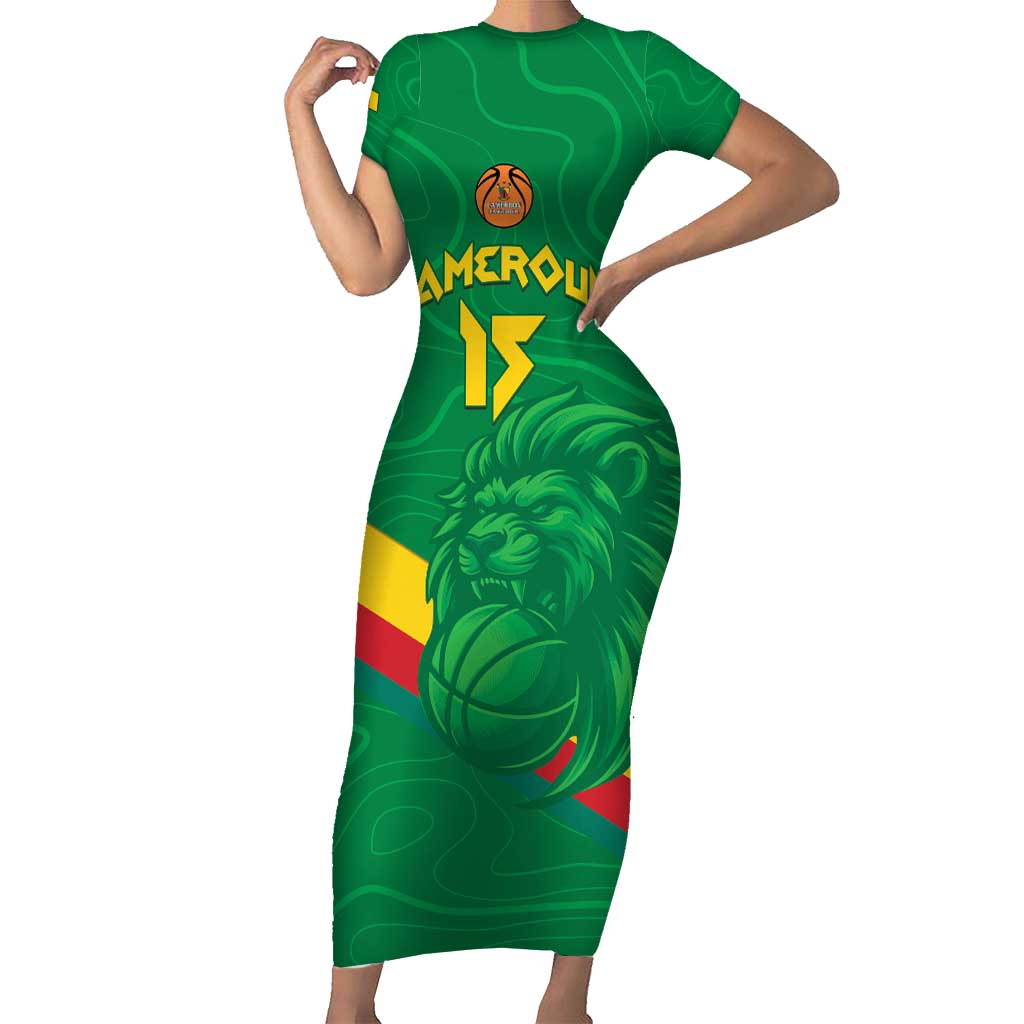 Custom Cameroon Basketball Short Sleeve Bodycon Dress Go Champions Indomitable Lions - Wonder Print Shop