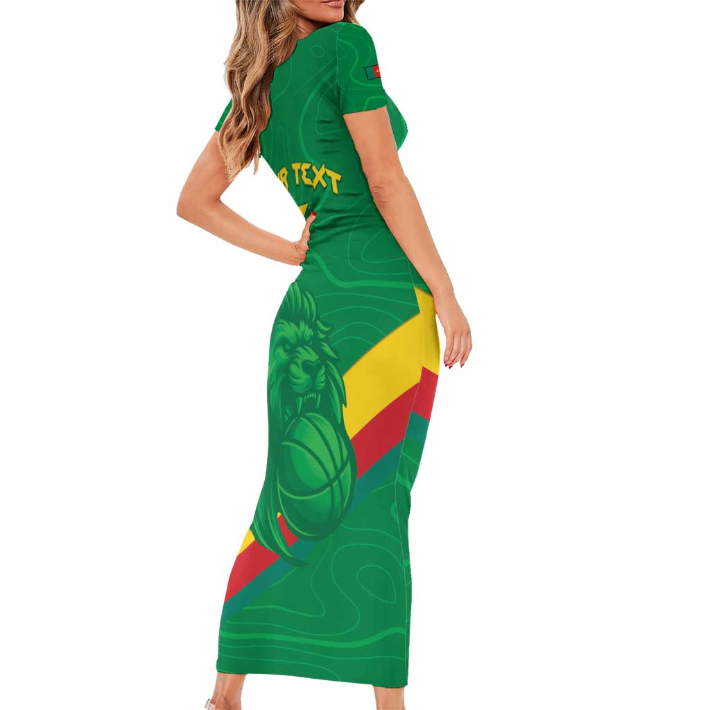 Custom Cameroon Basketball Short Sleeve Bodycon Dress Go Champions Indomitable Lions - Wonder Print Shop