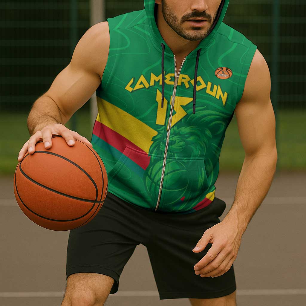 Custom Cameroon Basketball Sleeveless Zip Hoodie Go Champions Indomitable Lions - Wonder Print Shop