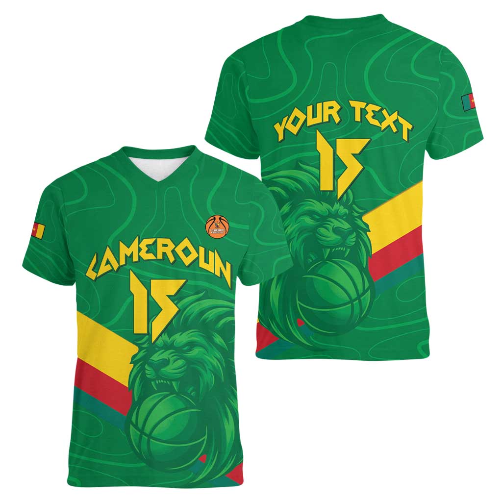 Custom Cameroon Basketball Women V-Neck T-Shirt Go Champions Indomitable Lions - Wonder Print Shop