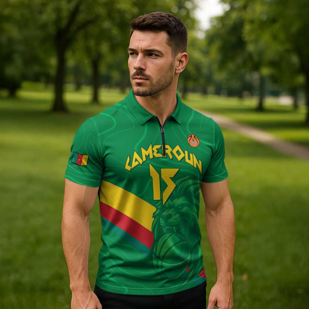 Custom Cameroon Basketball Zipper Polo Shirt Go Champions Indomitable Lions - Wonder Print Shop