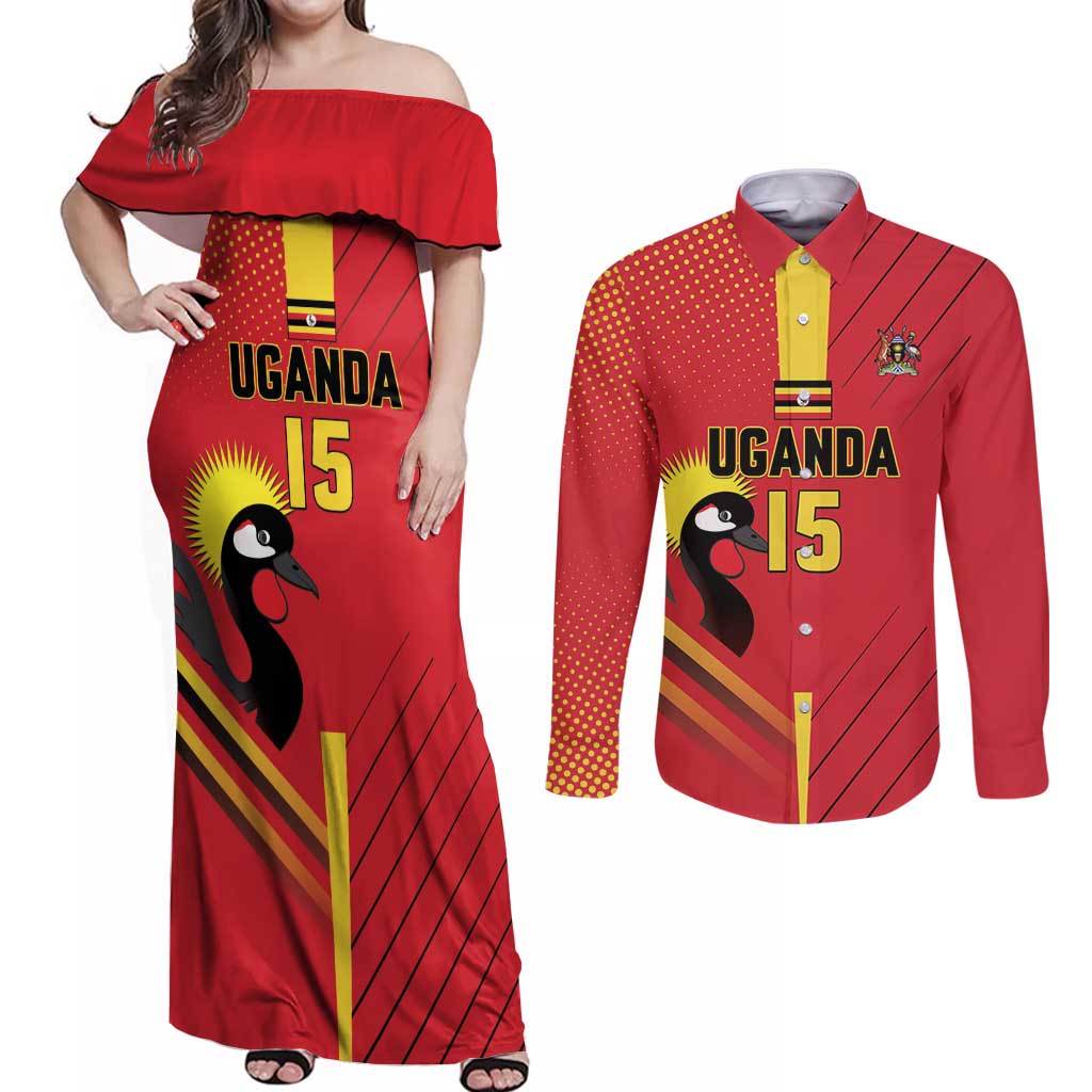 Custom Uganda Basketball Couples Matching Off Shoulder Maxi Dress and Long Sleeve Button Shirt Go Silverbacks - Wonder Print Shop