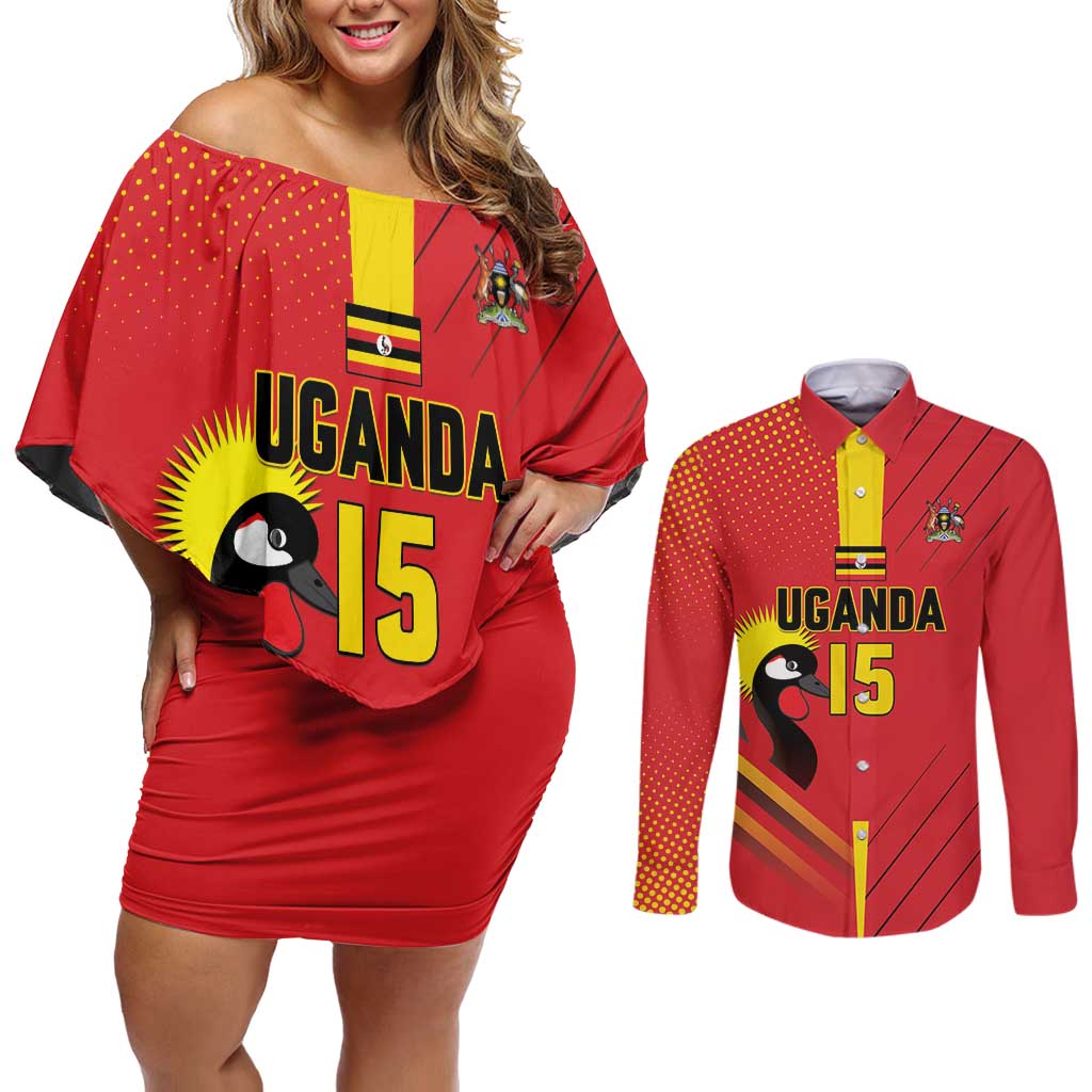 Custom Uganda Basketball Couples Matching Off Shoulder Short Dress and Long Sleeve Button Shirt Go Silverbacks - Wonder Print Shop
