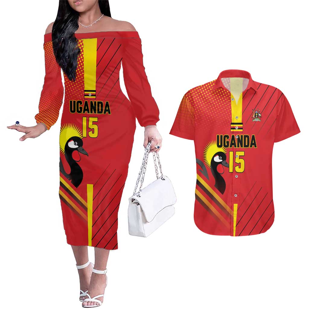 Custom Uganda Basketball Couples Matching Off The Shoulder Long Sleeve Dress and Hawaiian Shirt Go Silverbacks - Wonder Print Shop
