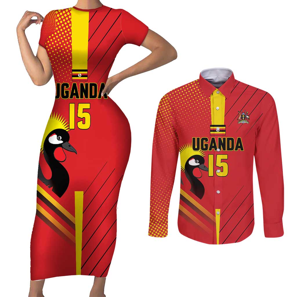 Custom Uganda Basketball Couples Matching Short Sleeve Bodycon Dress and Long Sleeve Button Shirt Go Silverbacks - Wonder Print Shop