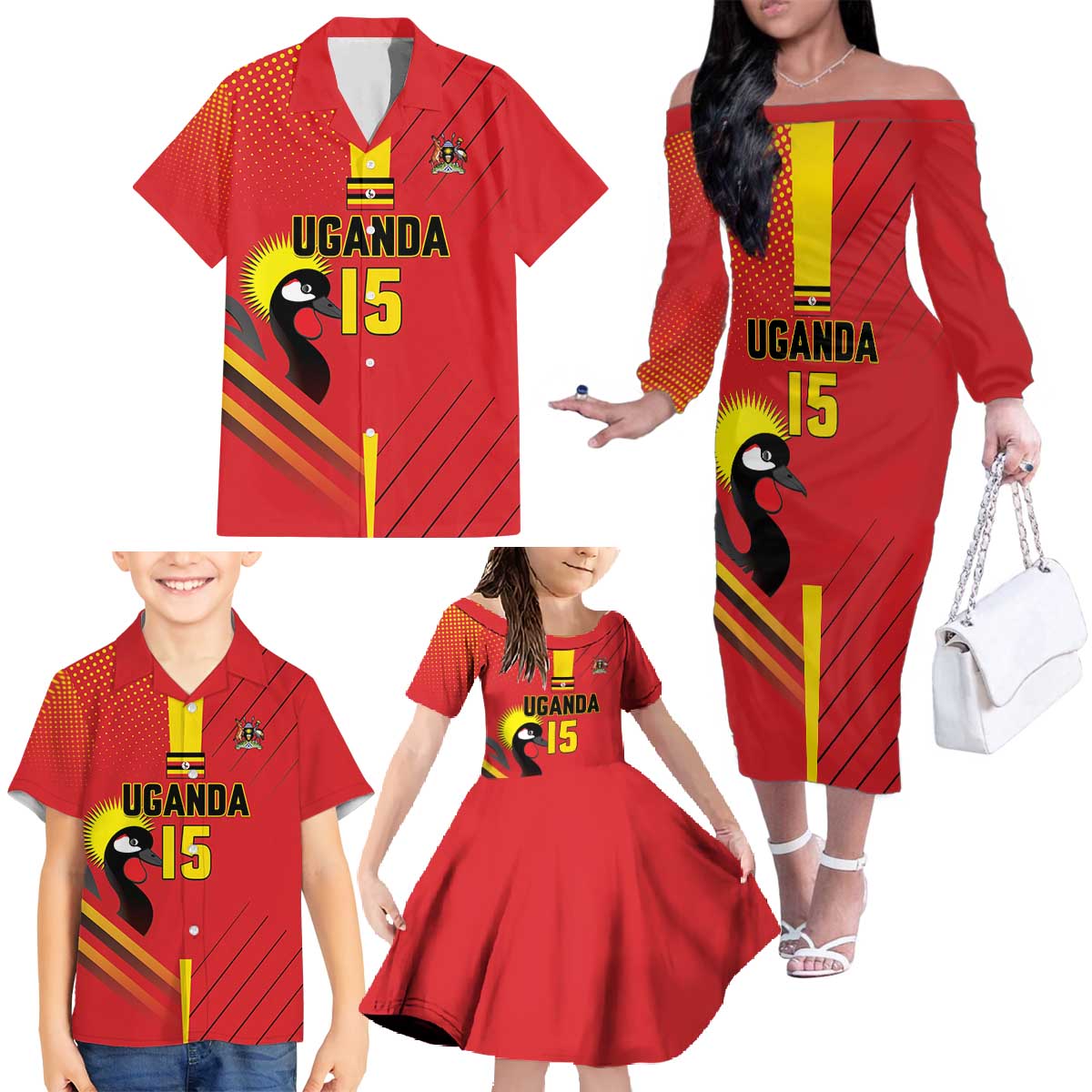 Custom Uganda Basketball Family Matching Off The Shoulder Long Sleeve Dress and Hawaiian Shirt Go Silverbacks - Wonder Print Shop