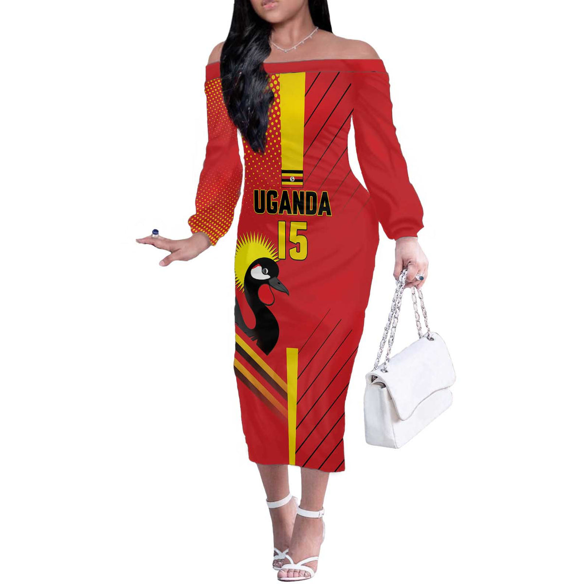 Custom Uganda Basketball Off The Shoulder Long Sleeve Dress Go Silverbacks - Wonder Print Shop