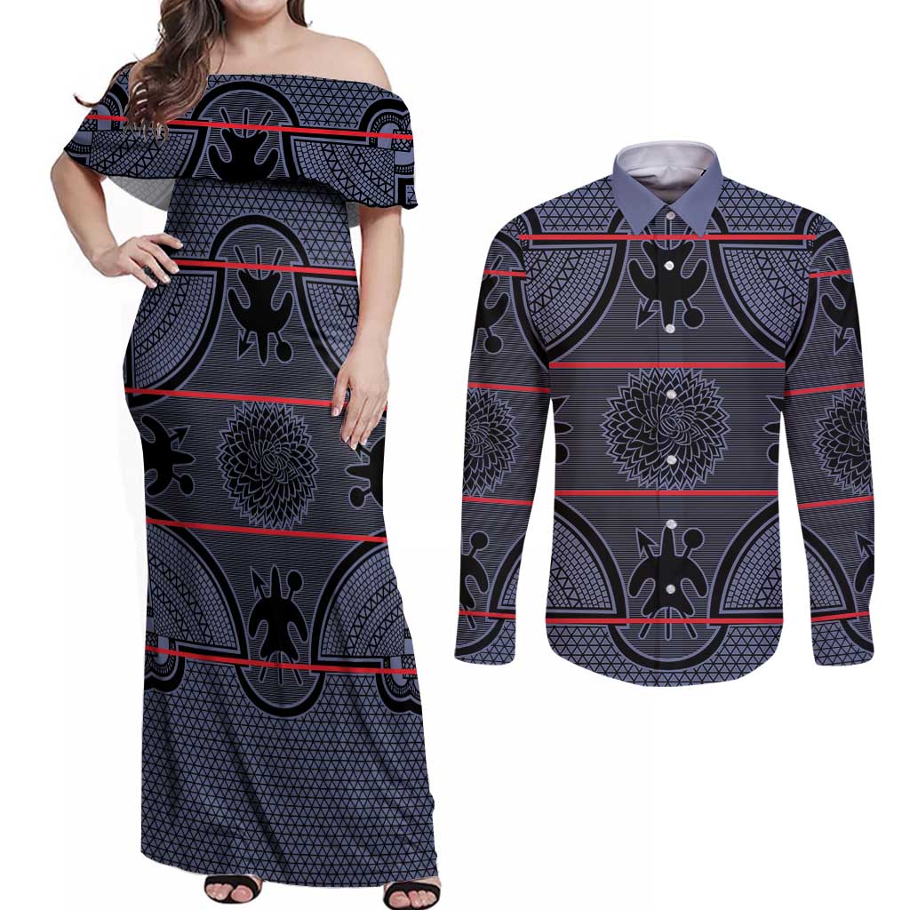 Lesotho Seanamarena Couples Matching Off Shoulder Maxi Dress and Long Sleeve Button Shirt Basotho Traditional Blanket Style - Serenity - Wonder Print Shop