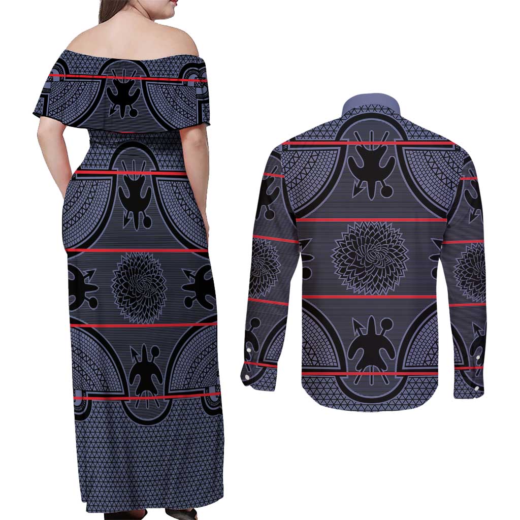 Lesotho Seanamarena Couples Matching Off Shoulder Maxi Dress and Long Sleeve Button Shirt Basotho Traditional Blanket Style - Serenity - Wonder Print Shop