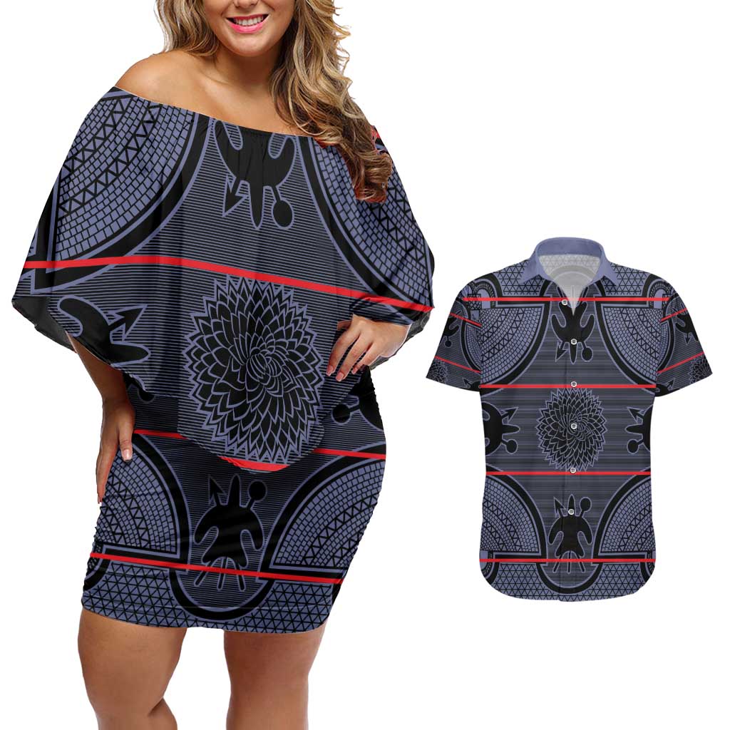 Lesotho Seanamarena Couples Matching Off Shoulder Short Dress and Hawaiian Shirt Basotho Traditional Blanket Style - Serenity - Wonder Print Shop
