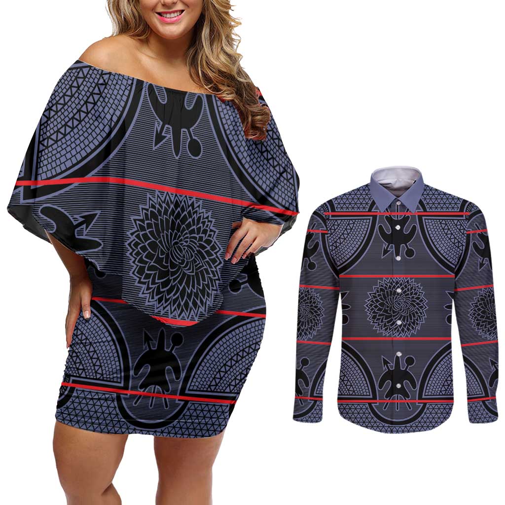 Lesotho Seanamarena Couples Matching Off Shoulder Short Dress and Long Sleeve Button Shirt Basotho Traditional Blanket Style - Serenity - Wonder Print Shop