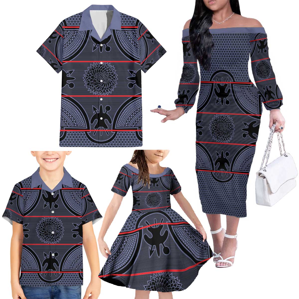 Lesotho Seanamarena Family Matching Off The Shoulder Long Sleeve Dress and Hawaiian Shirt Basotho Traditional Blanket Style - Serenity - Wonder Print Shop