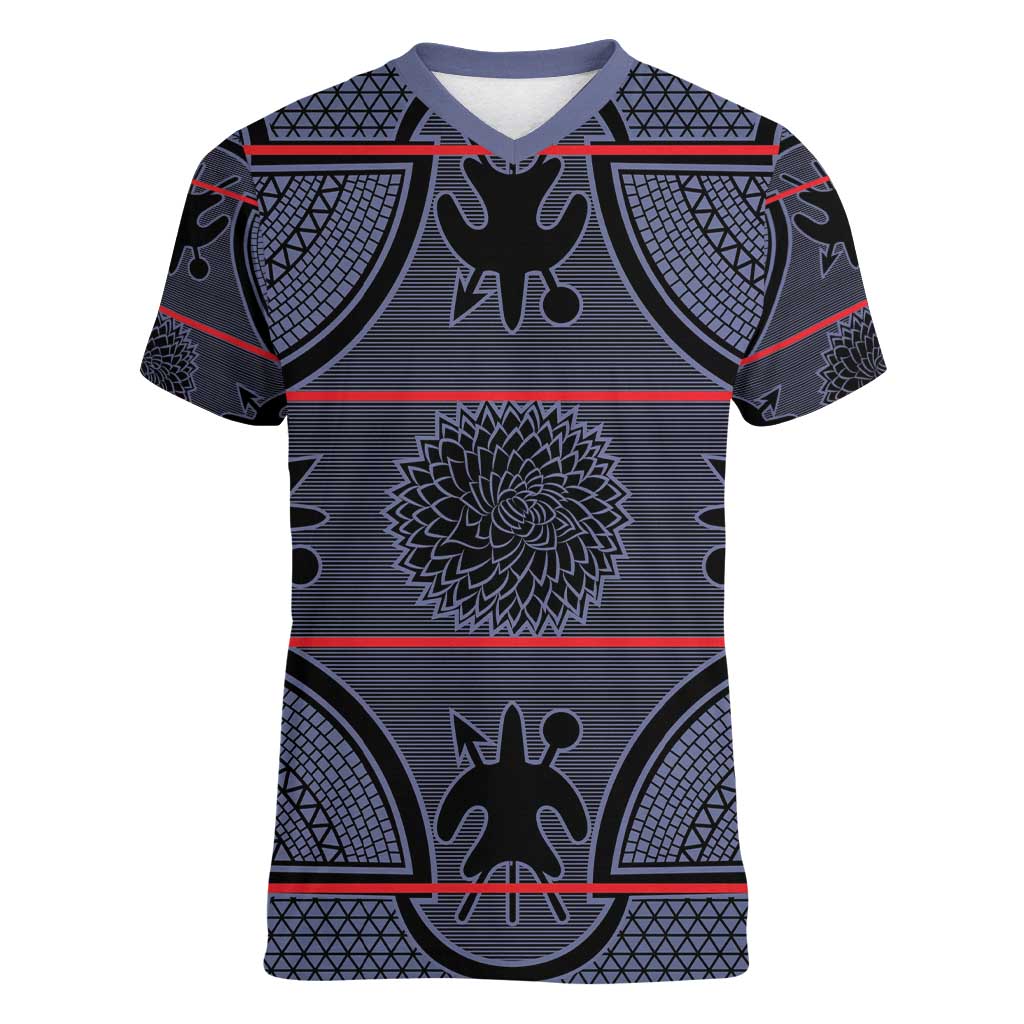 Lesotho Seanamarena Women V-Neck T-Shirt Basotho Traditional Blanket Style - Serenity - Wonder Print Shop