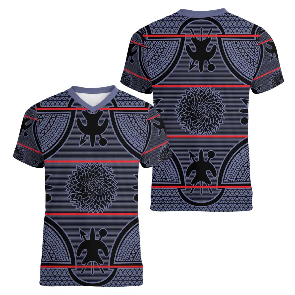 Lesotho Seanamarena Women V-Neck T-Shirt Basotho Traditional Blanket Style - Serenity - Wonder Print Shop