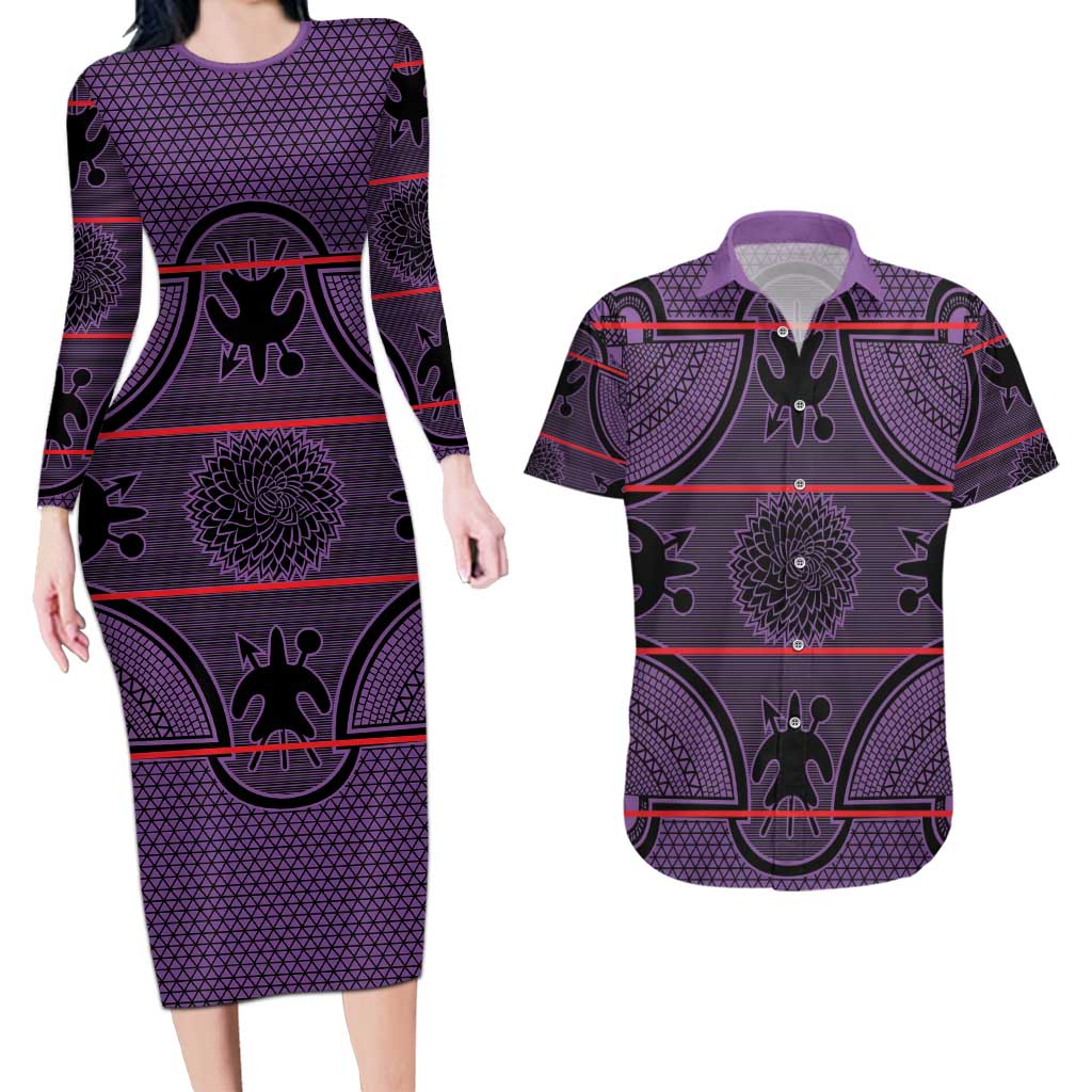 Lesotho Seanamarena Couples Matching Long Sleeve Bodycon Dress and Hawaiian Shirt Basotho Traditional Blanket Style - Violet - Wonder Print Shop