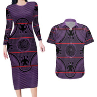 Lesotho Seanamarena Couples Matching Long Sleeve Bodycon Dress and Hawaiian Shirt Basotho Traditional Blanket Style - Violet - Wonder Print Shop