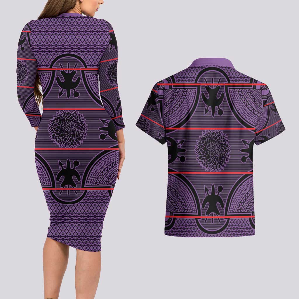 Lesotho Seanamarena Couples Matching Long Sleeve Bodycon Dress and Hawaiian Shirt Basotho Traditional Blanket Style - Violet - Wonder Print Shop