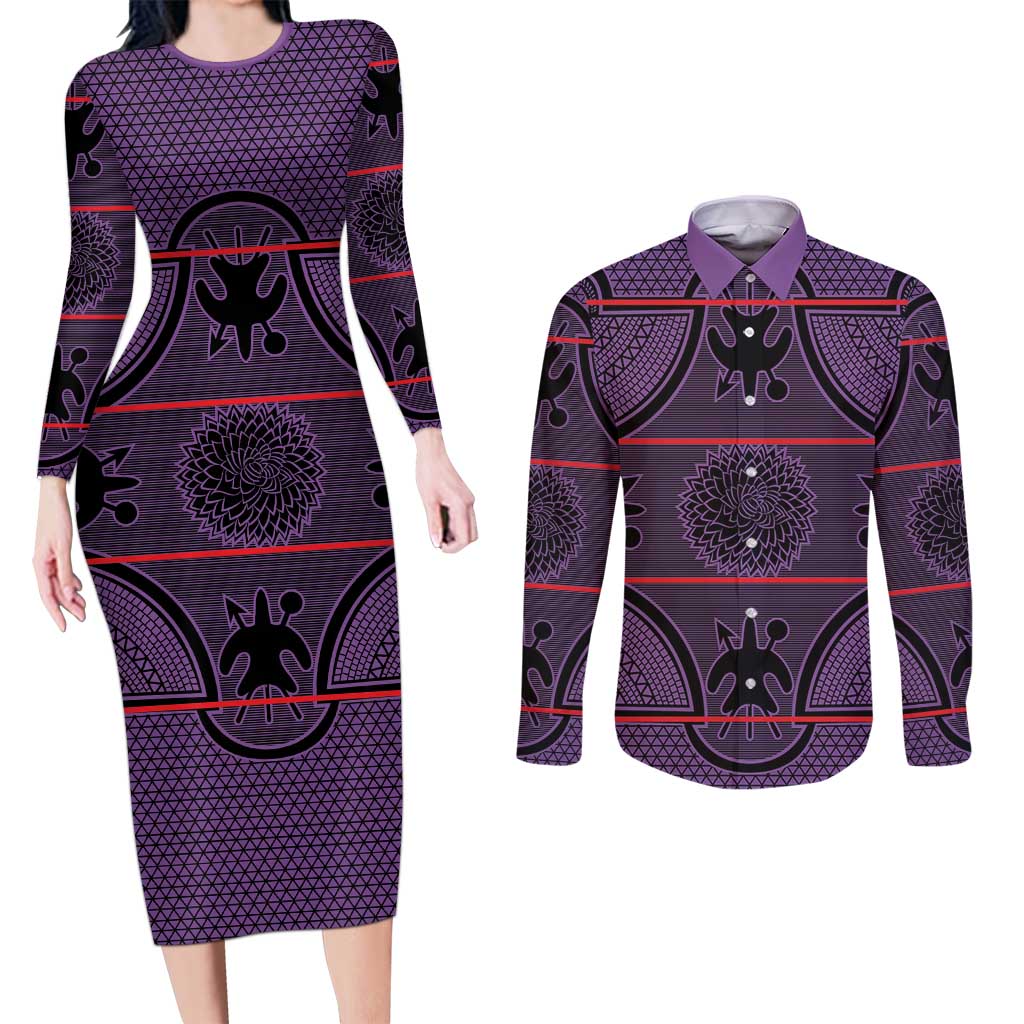 Lesotho Seanamarena Couples Matching Long Sleeve Bodycon Dress and Long Sleeve Button Shirt Basotho Traditional Blanket Style - Violet - Wonder Print Shop