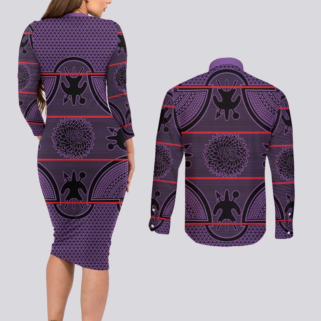 Lesotho Seanamarena Couples Matching Long Sleeve Bodycon Dress and Long Sleeve Button Shirt Basotho Traditional Blanket Style - Violet - Wonder Print Shop