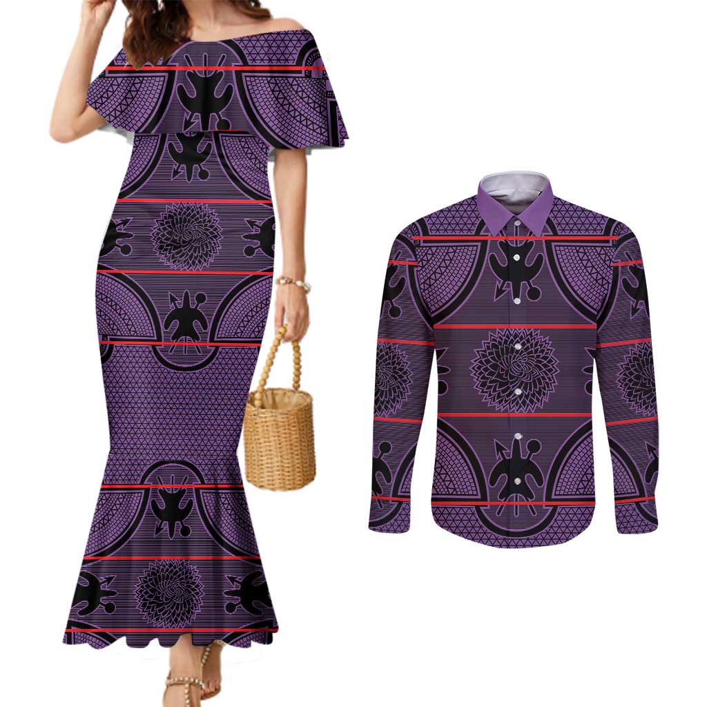 Lesotho Seanamarena Couples Matching Mermaid Dress and Long Sleeve Button Shirt Basotho Traditional Blanket Style - Violet - Wonder Print Shop