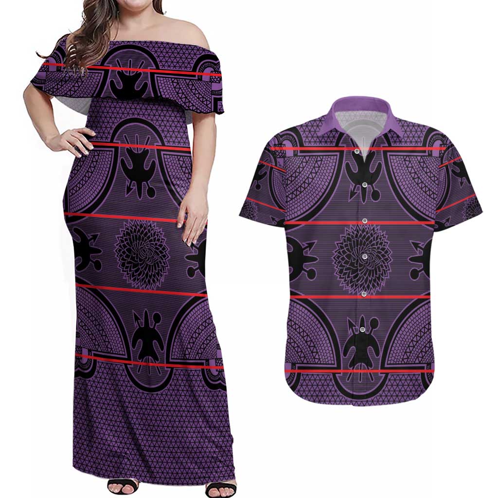 Lesotho Seanamarena Couples Matching Off Shoulder Maxi Dress and Hawaiian Shirt Basotho Traditional Blanket Style - Violet - Wonder Print Shop