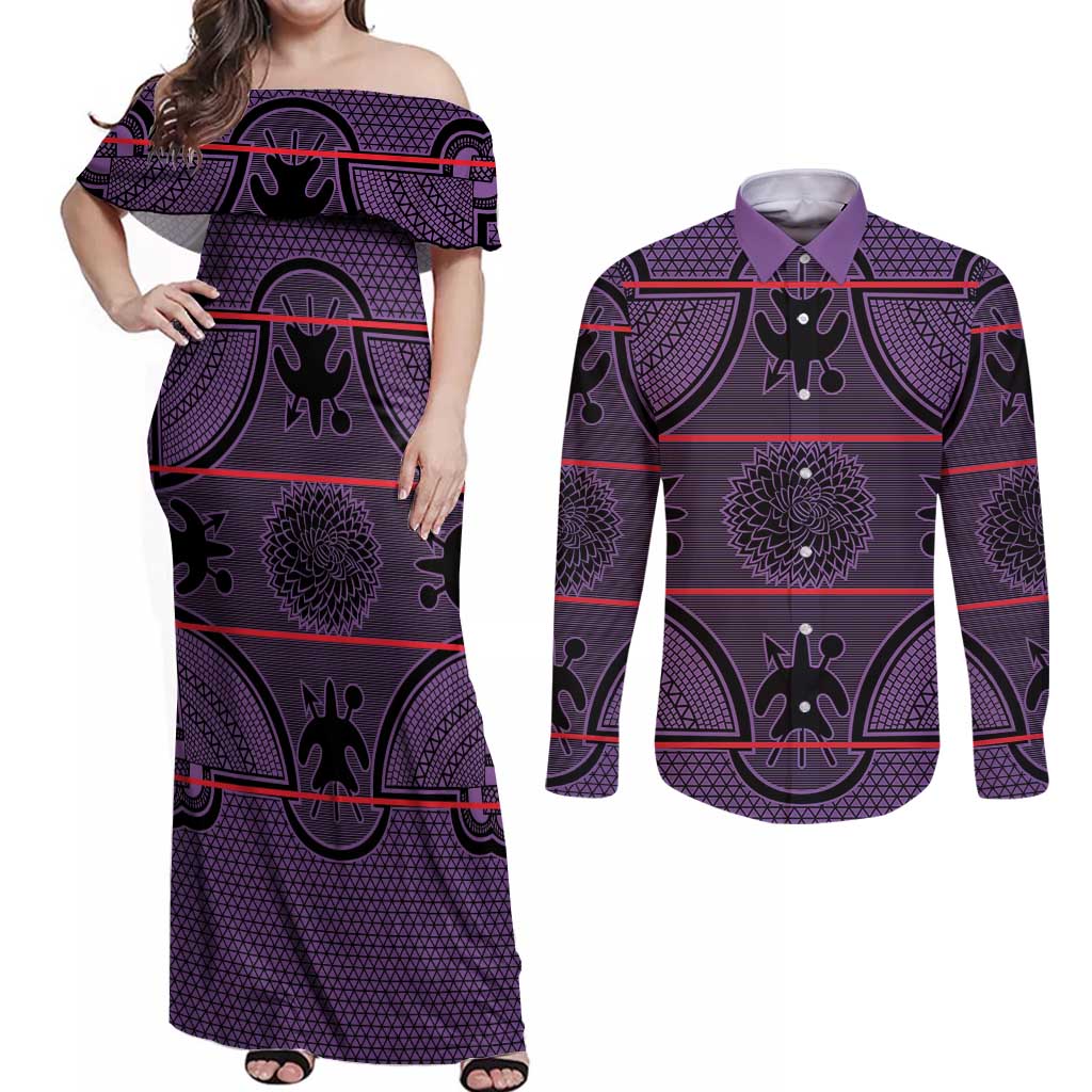 Lesotho Seanamarena Couples Matching Off Shoulder Maxi Dress and Long Sleeve Button Shirt Basotho Traditional Blanket Style - Violet - Wonder Print Shop