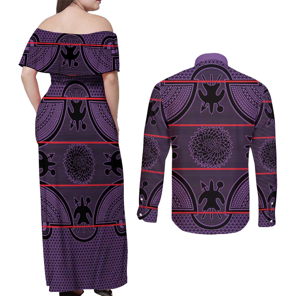 Lesotho Seanamarena Couples Matching Off Shoulder Maxi Dress and Long Sleeve Button Shirt Basotho Traditional Blanket Style - Violet - Wonder Print Shop