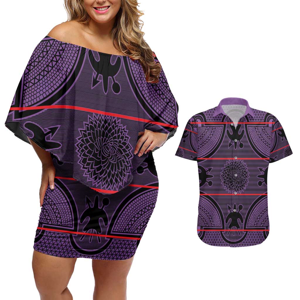 Lesotho Seanamarena Couples Matching Off Shoulder Short Dress and Hawaiian Shirt Basotho Traditional Blanket Style - Violet - Wonder Print Shop