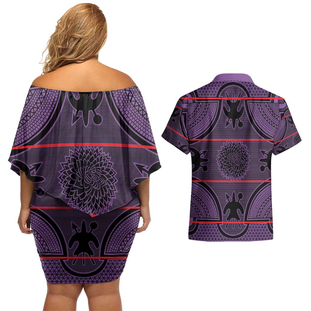 Lesotho Seanamarena Couples Matching Off Shoulder Short Dress and Hawaiian Shirt Basotho Traditional Blanket Style - Violet - Wonder Print Shop