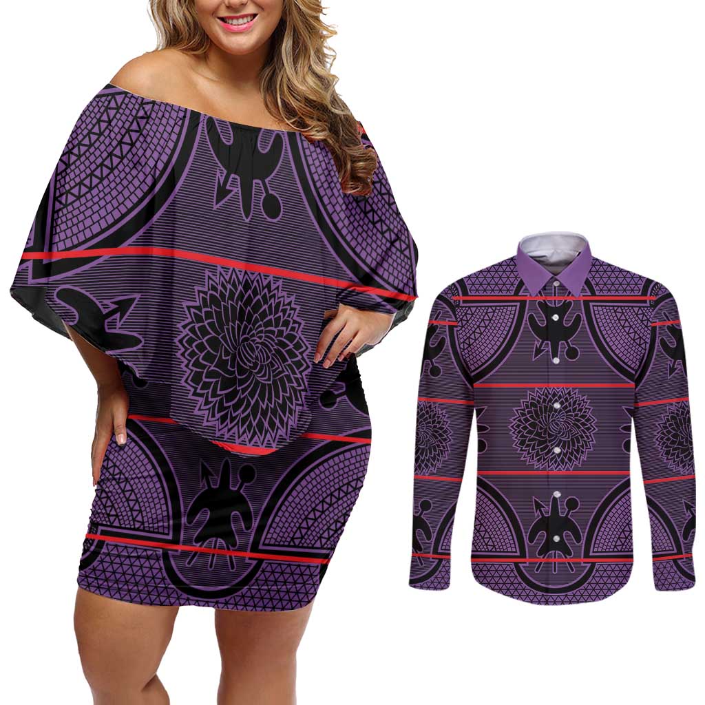 Lesotho Seanamarena Couples Matching Off Shoulder Short Dress and Long Sleeve Button Shirt Basotho Traditional Blanket Style - Violet - Wonder Print Shop